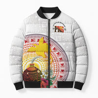 Hapi De Bilong Indipendens Papua New Guinea Bomber Puffer Jacket PNG Lime Pot LT7 Unisex White - Polynesian Pride