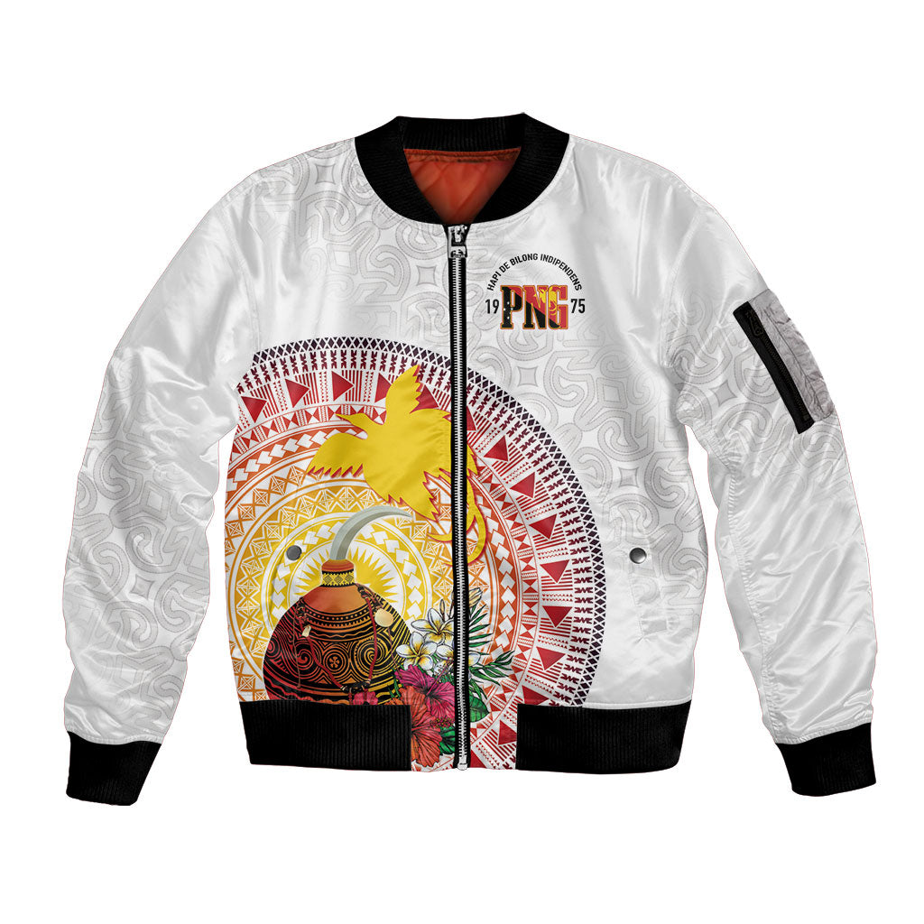 Hapi De Bilong Indipendens Papua New Guinea Sleeve Zip Bomber Jacket PNG Lime Pot LT7 Unisex White - Polynesian Pride