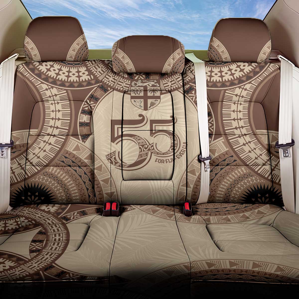Bula Fiji Day 55th Anniversary Masi Tapa Back Car Seat Cover Emerald Jubilee - Beige LT7 One Size Beige - Polynesian Pride