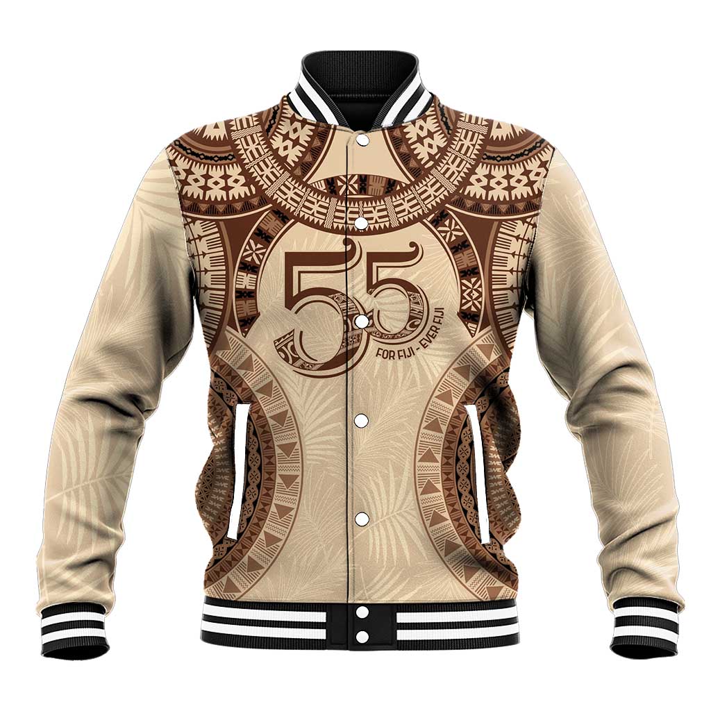 Bula Fiji Day 55th Anniversary Masi Tapa Baseball Jacket Emerald Jubilee - Beige LT7 Unisex Beige - Polynesian Pride