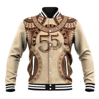 Bula Fiji Day 55th Anniversary Masi Tapa Baseball Jacket Emerald Jubilee - Beige LT7 Unisex Beige - Polynesian Pride