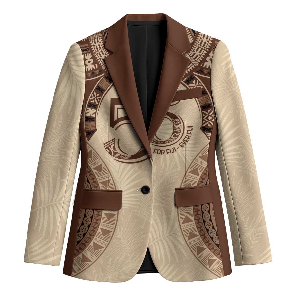 Bula Fiji Day 55th Anniversary Masi Tapa Blazer Emerald Jubilee - Beige LT7 Unisex Beige - Polynesian Pride