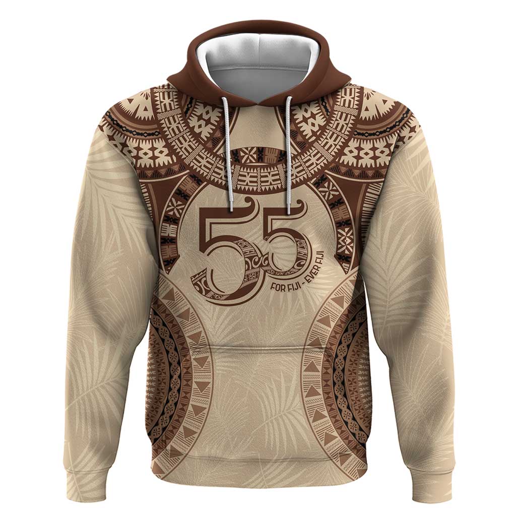 Bula Fiji Day 55th Anniversary Masi Tapa Hoodie Emerald Jubilee - Beige LT7 Pullover Hoodie Beige - Polynesian Pride