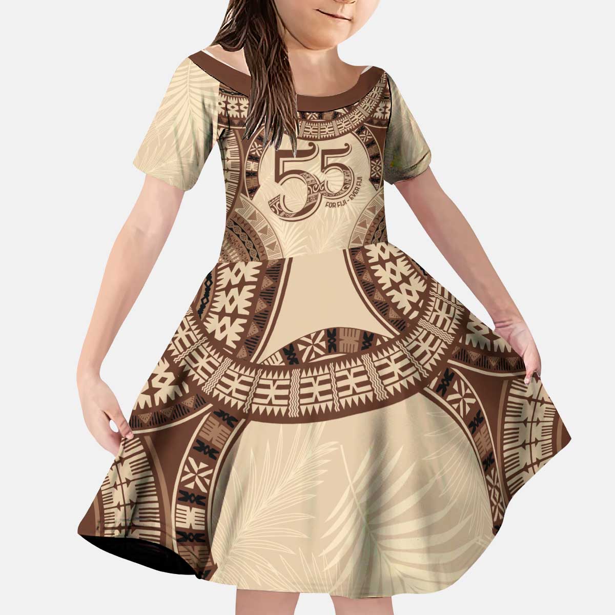 Bula Fiji Day 55th Anniversary Masi Tapa Kid Short Sleeve Dress Emerald Jubilee - Beige LT7 KID Beige - Polynesian Pride