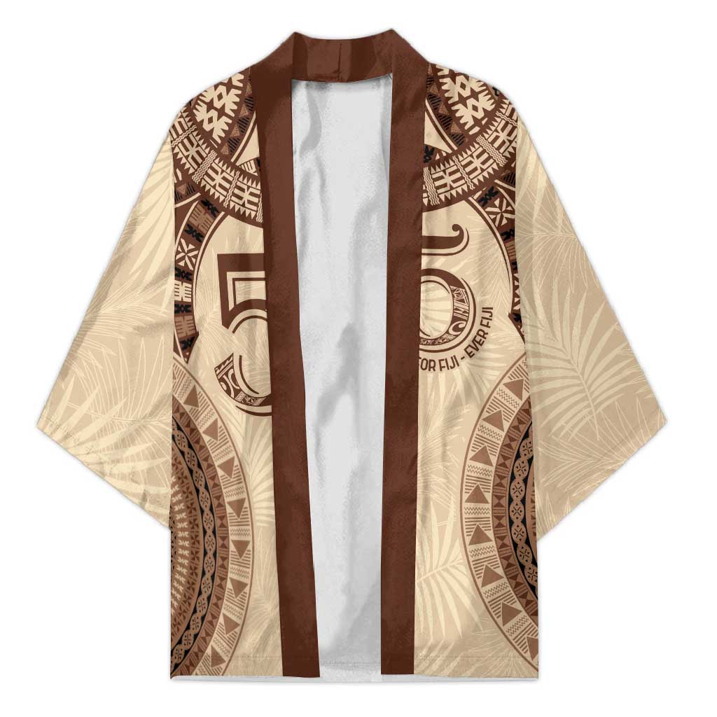 Bula Fiji Day 55th Anniversary Masi Tapa Kimono Emerald Jubilee - Beige LT7 Unisex Beige - Polynesian Pride