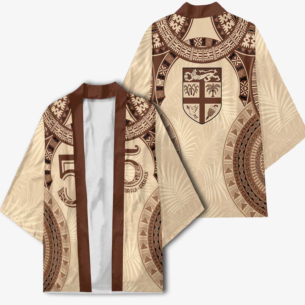 Bula Fiji Day 55th Anniversary Masi Tapa Kimono Emerald Jubilee - Beige LT7 - Polynesian Pride