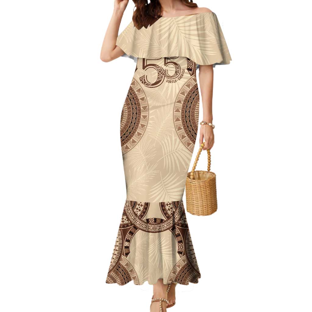 Bula Fiji Day 55th Anniversary Masi Tapa Mermaid Dress Emerald Jubilee - Beige LT7 Women Beige - Polynesian Pride