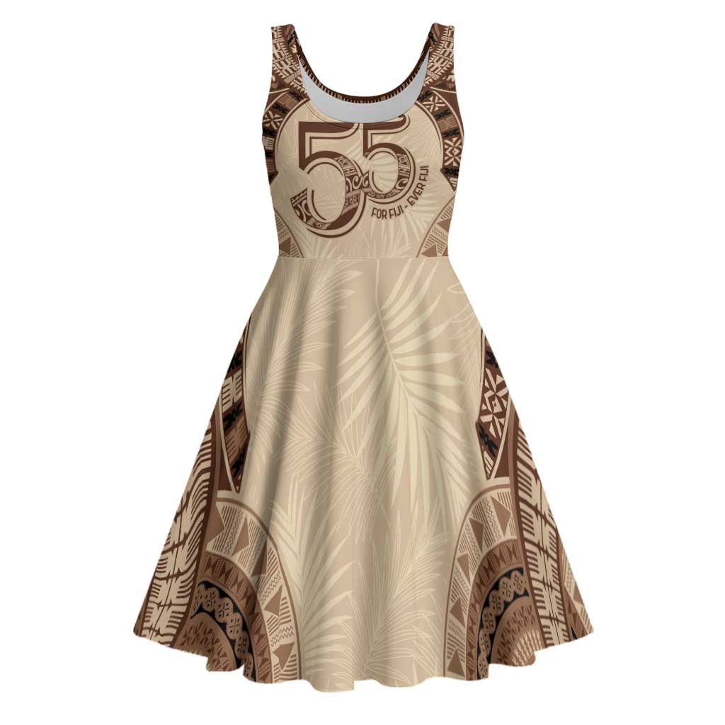 Bula Fiji Day 55th Anniversary Masi Tapa Midi Dress Emerald Jubilee - Beige LT7 Beige - Polynesian Pride