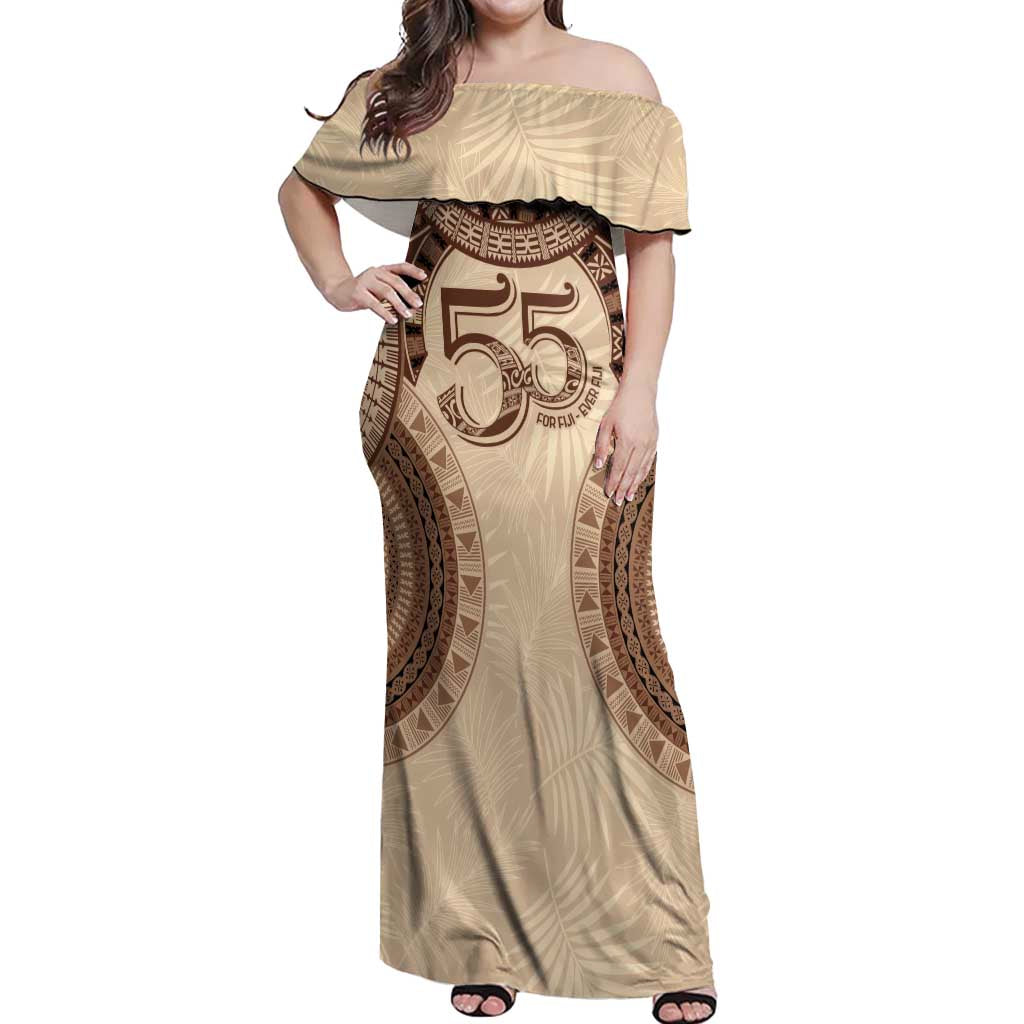 Bula Fiji Day 55th Anniversary Masi Tapa Off Shoulder Maxi Dress Emerald Jubilee - Beige LT7 Women Beige - Polynesian Pride