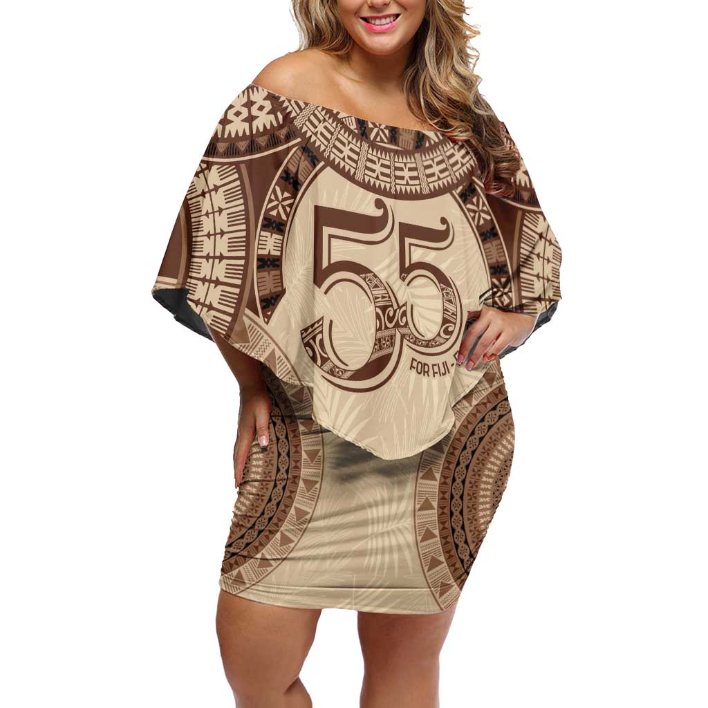 Bula Fiji Day 55th Anniversary Masi Tapa Off Shoulder Short Dress Emerald Jubilee - Beige LT7 Women Beige - Polynesian Pride
