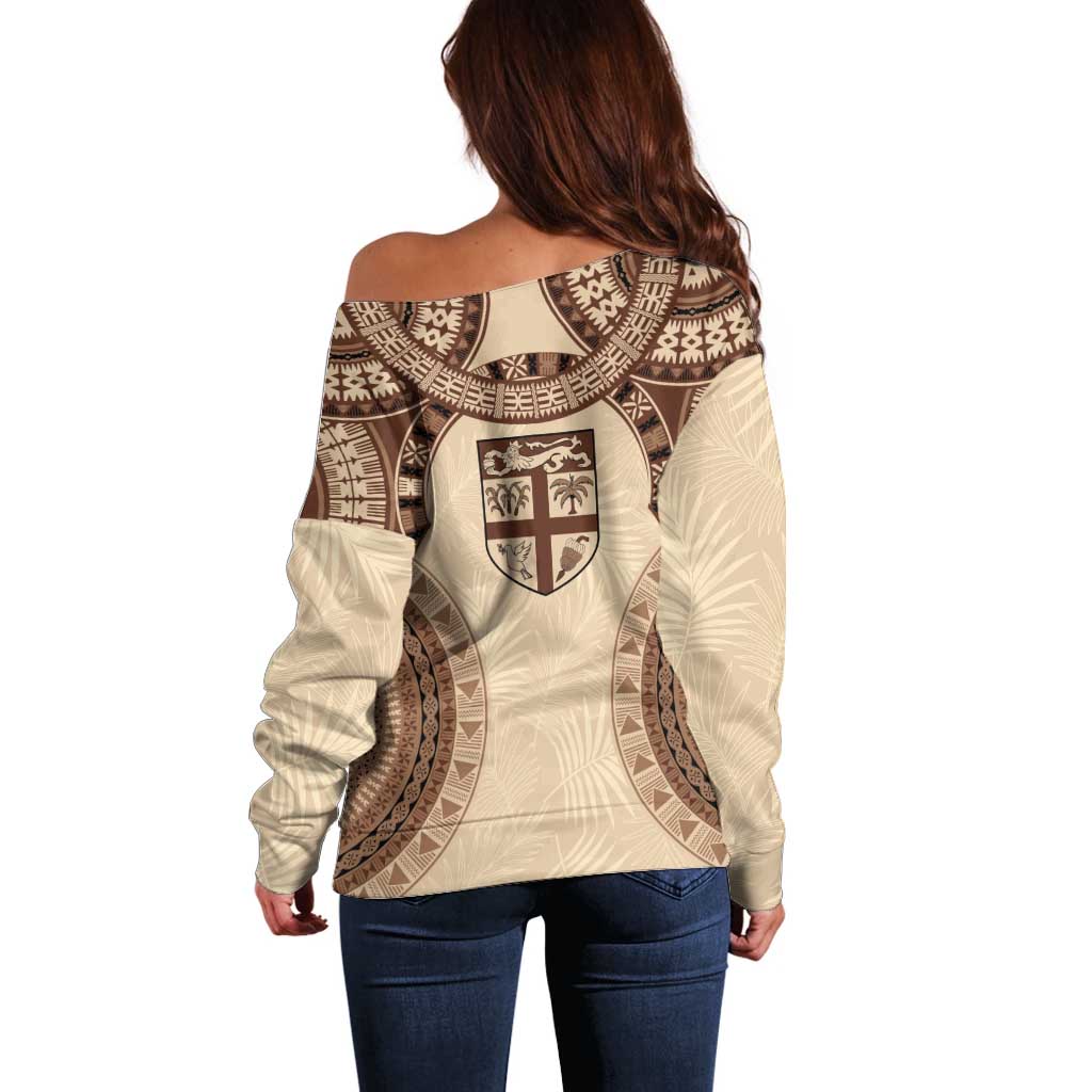 Bula Fiji Day 55th Anniversary Masi Tapa Off Shoulder Sweater Emerald Jubilee - Beige LT7 - Polynesian Pride