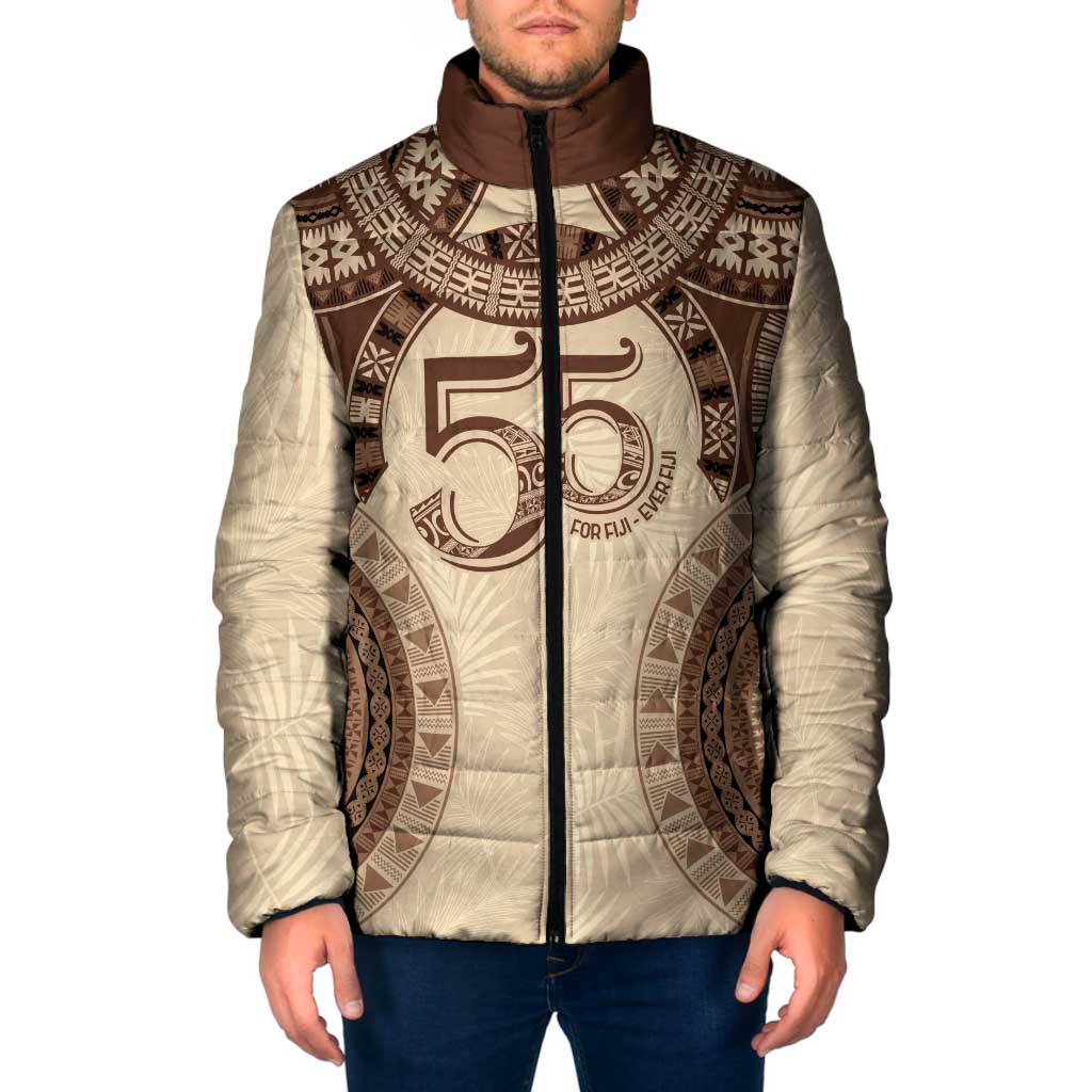 Bula Fiji Day 55th Anniversary Masi Tapa Padded Jacket Emerald Jubilee - Beige LT7 Men Beige - Polynesian Pride