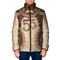 Bula Fiji Day 55th Anniversary Masi Tapa Padded Jacket Emerald Jubilee - Beige LT7 Men Beige - Polynesian Pride