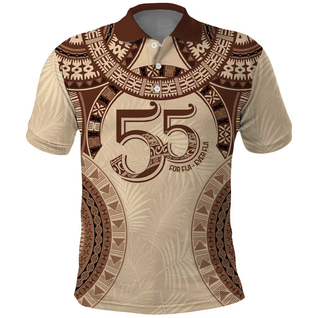 Bula Fiji Day 55th Anniversary Masi Tapa Polo Shirt Emerald Jubilee - Beige LT7 Beige - Polynesian Pride