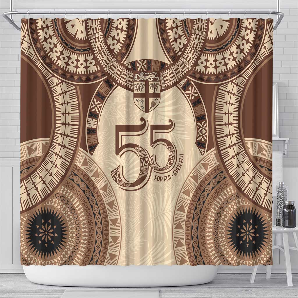 Bula Fiji Day 55th Anniversary Masi Tapa Shower Curtain Emerald Jubilee - Beige LT7 - Polynesian Pride