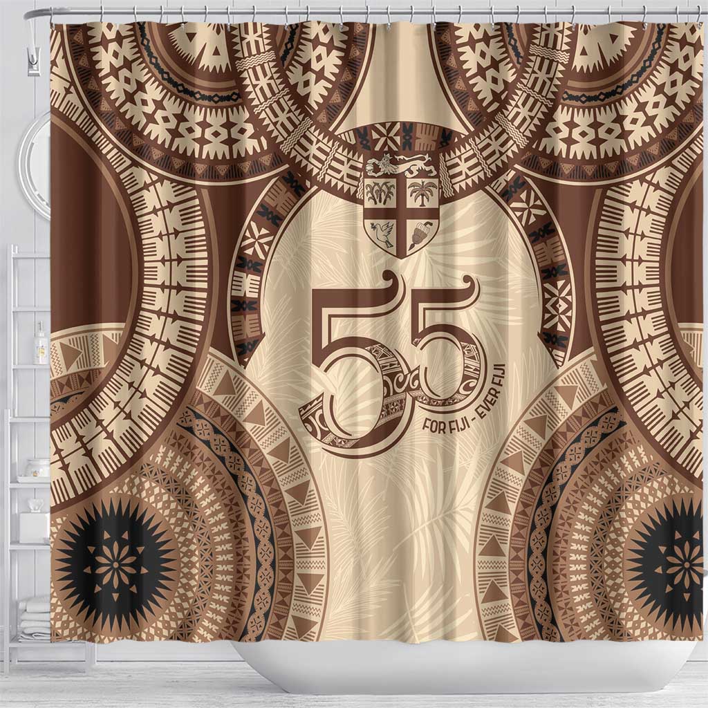Bula Fiji Day 55th Anniversary Masi Tapa Shower Curtain Emerald Jubilee - Beige LT7 - Polynesian Pride