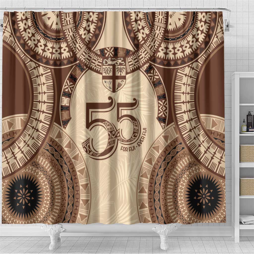 Bula Fiji Day 55th Anniversary Masi Tapa Shower Curtain Emerald Jubilee - Beige LT7 - Polynesian Pride
