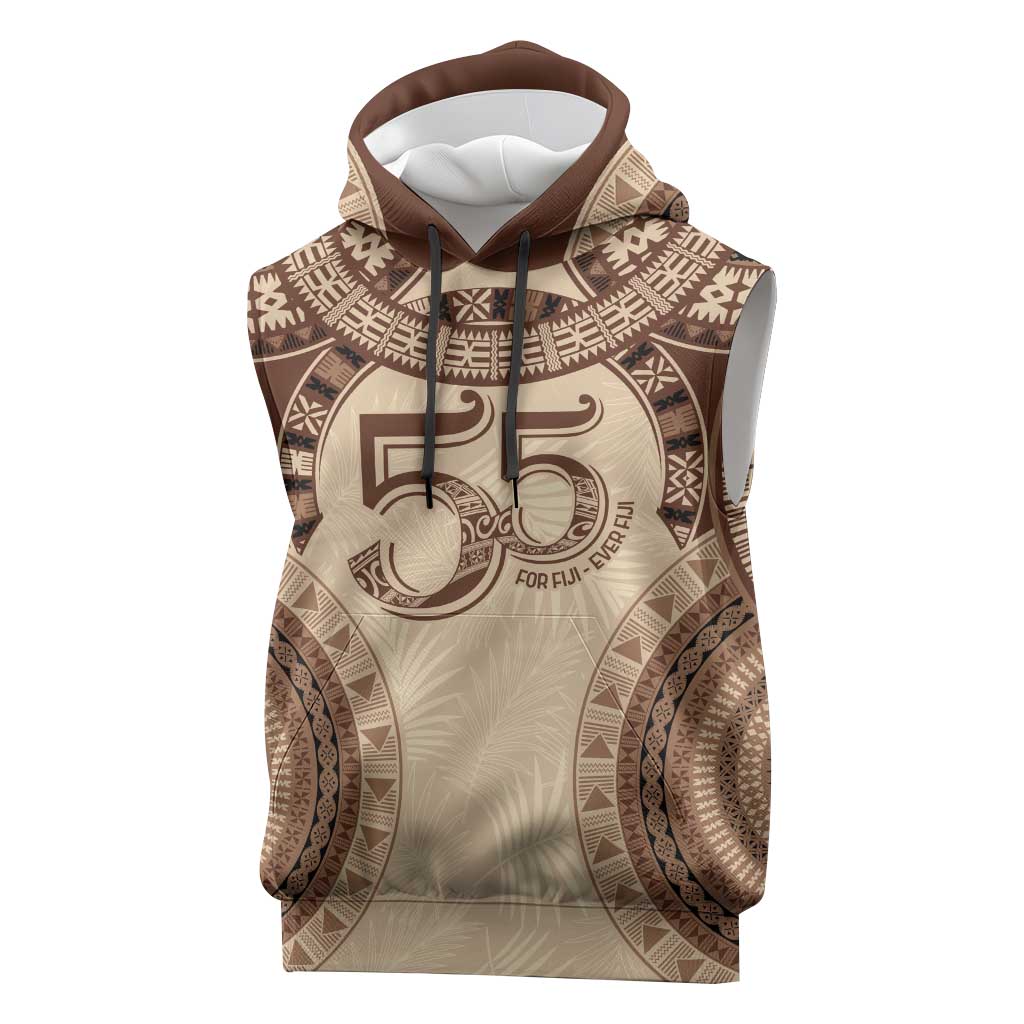 Bula Fiji Day 55th Anniversary Masi Tapa Sleeveless Hoodie Emerald Jubilee - Beige LT7 Beige - Polynesian Pride