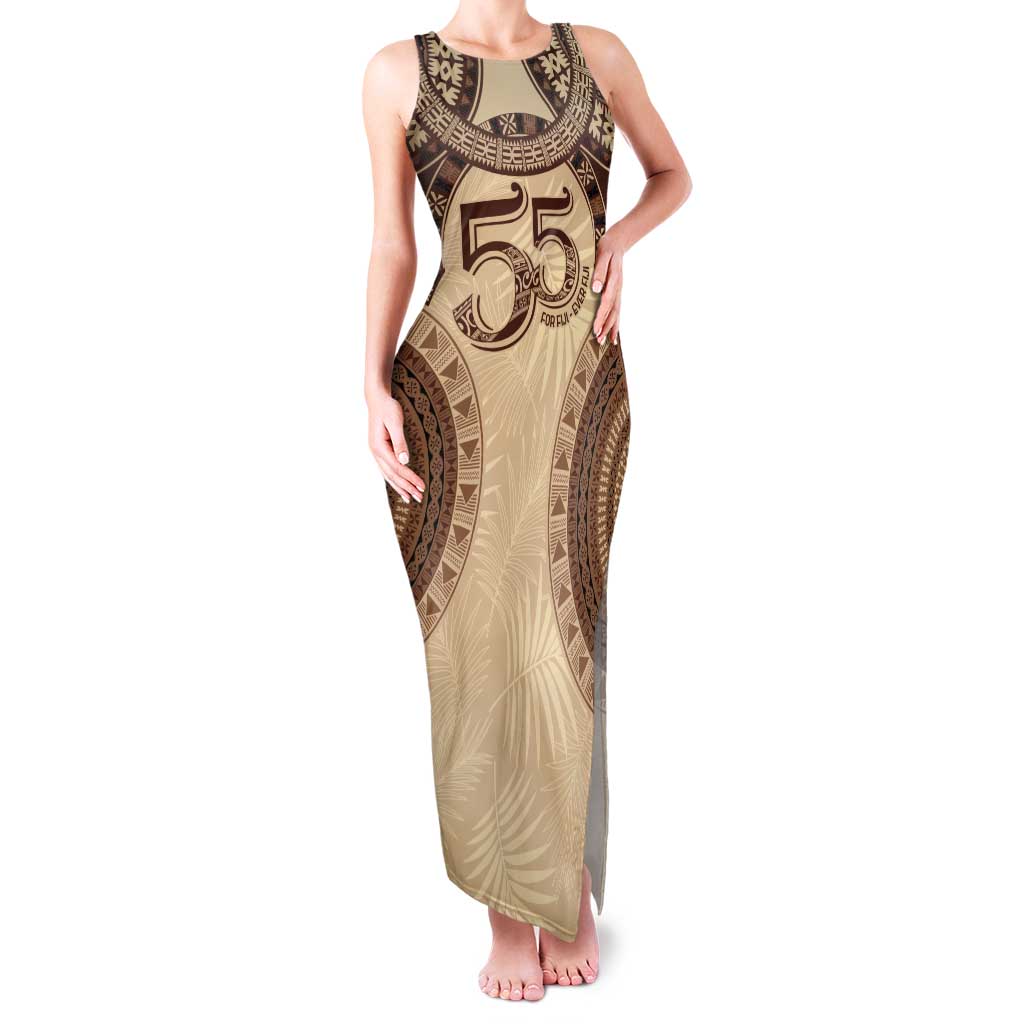 Bula Fiji Day 55th Anniversary Masi Tapa Tank Maxi Dress Emerald Jubilee - Beige LT7 Women Beige - Polynesian Pride