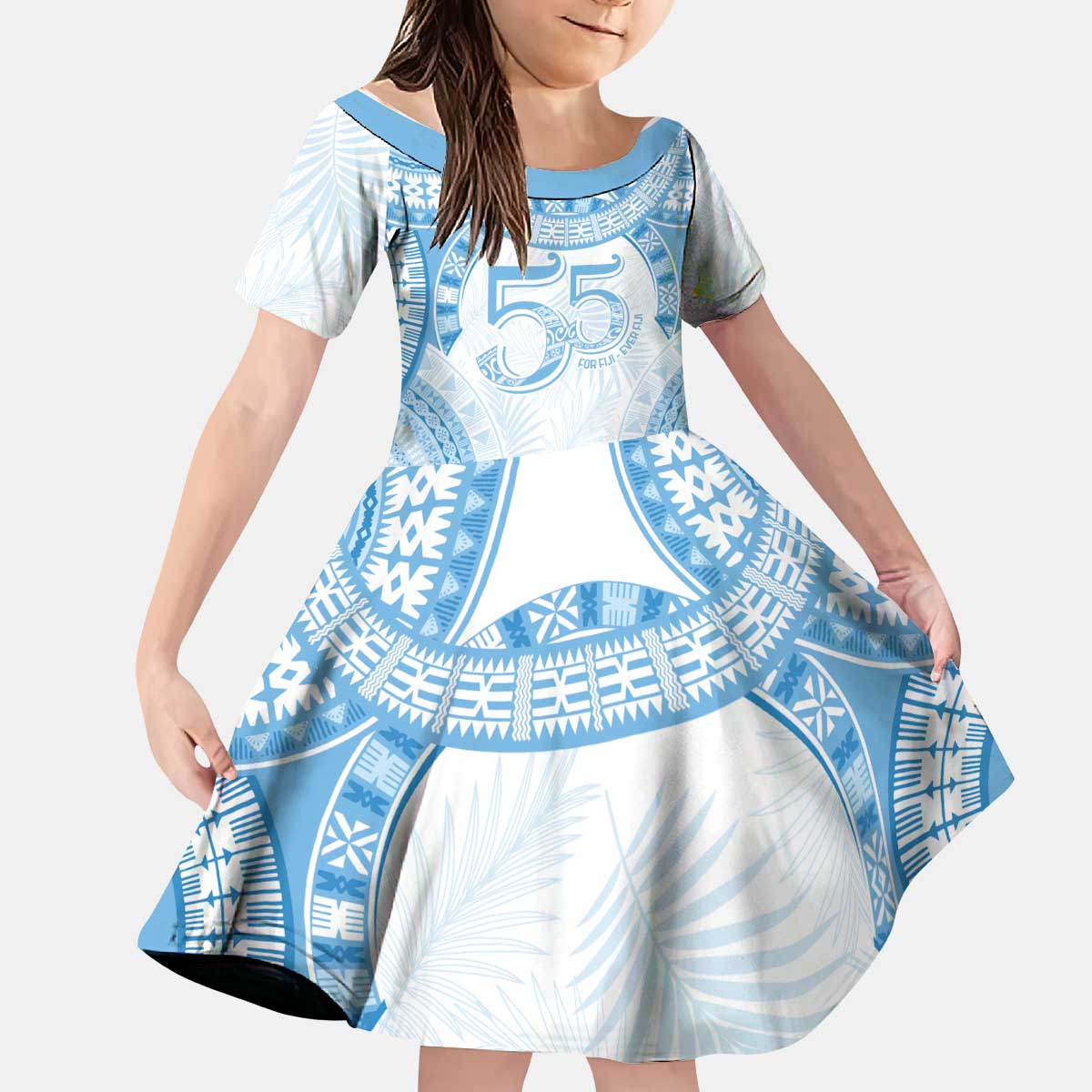 Bula Fiji Day 55th Anniversary Masi Tapa Kid Short Sleeve Dress Emerald Jubilee - Turquoise LT7 KID Turquoise - Polynesian Pride