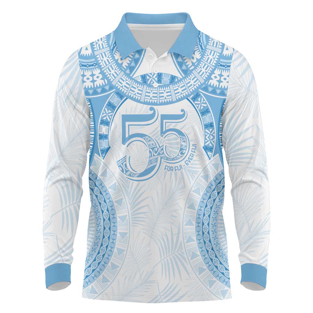 Bula Fiji Day 55th Anniversary Masi Tapa Long Sleeve Polo Shirt Emerald Jubilee - Turquoise LT7 Turquoise - Polynesian Pride