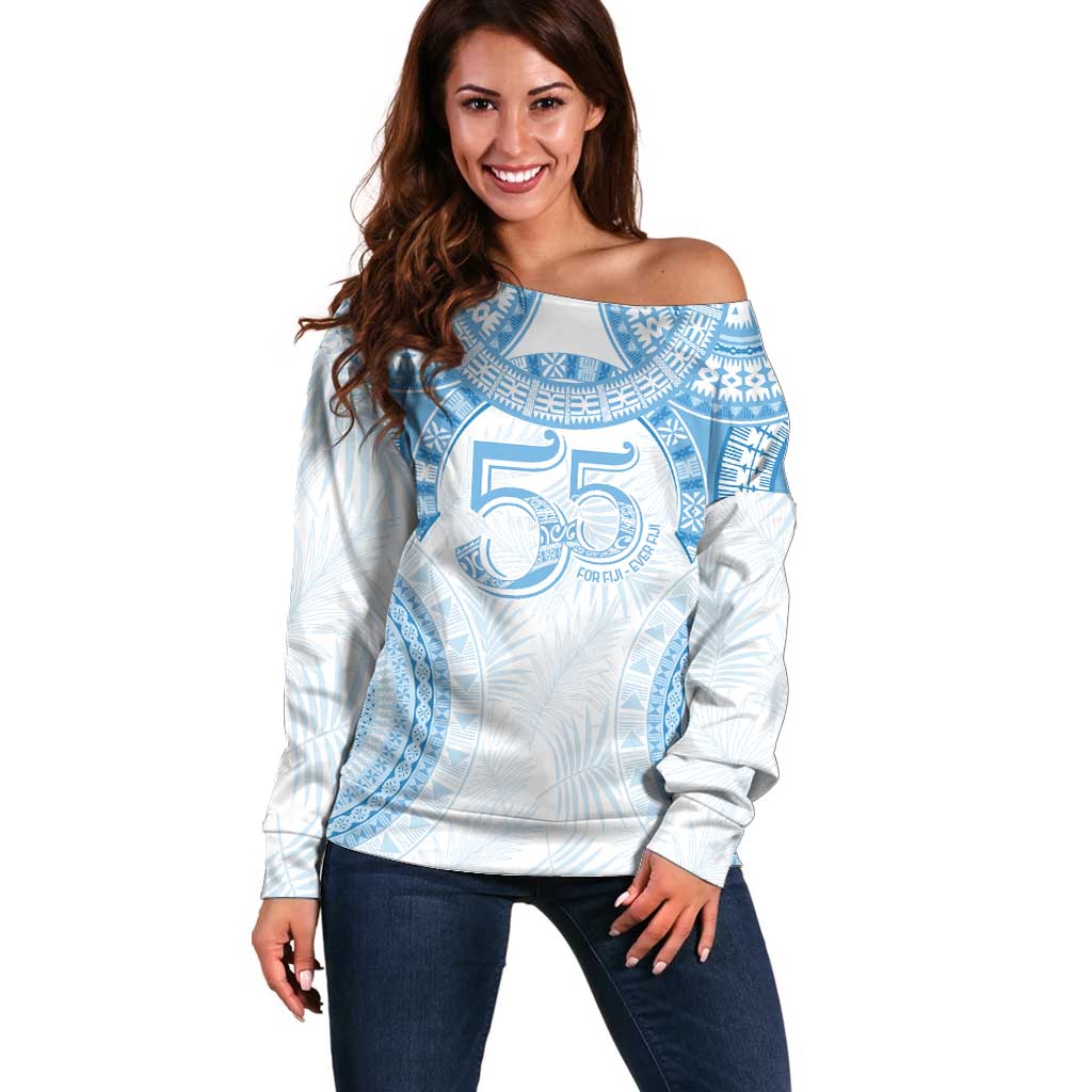 Bula Fiji Day 55th Anniversary Masi Tapa Off Shoulder Sweater Emerald Jubilee - Turquoise LT7 Women Turquoise - Polynesian Pride