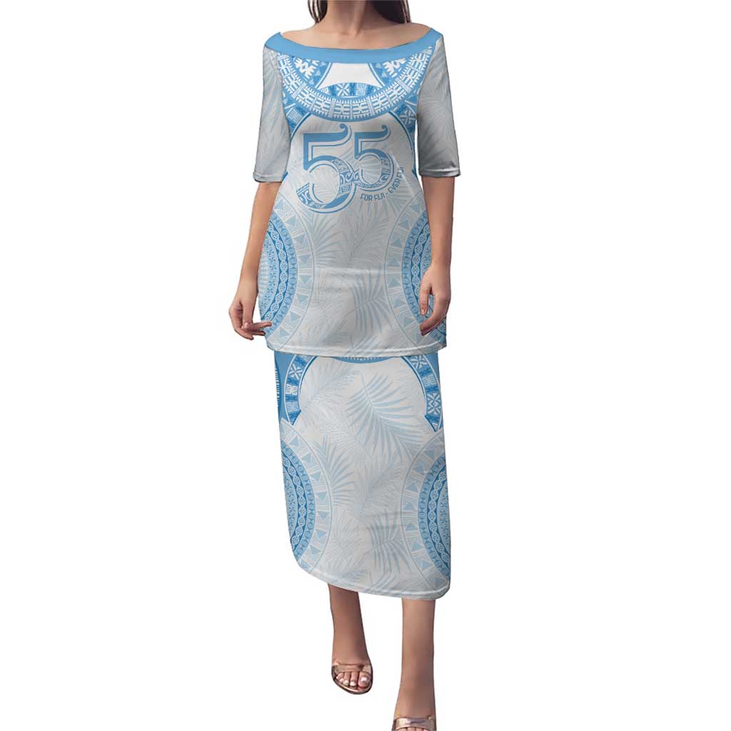 Bula Fiji Day 55th Anniversary Masi Tapa Puletasi Emerald Jubilee - Turquoise LT7 Long Dress Turquoise - Polynesian Pride