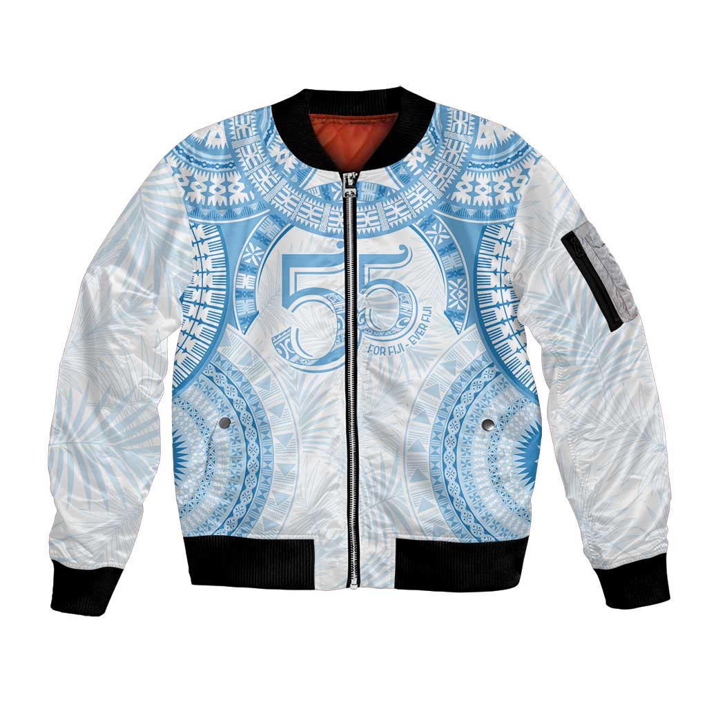 Bula Fiji Day 55th Anniversary Masi Tapa Sleeve Zip Bomber Jacket Emerald Jubilee - Turquoise LT7 Unisex Turquoise - Polynesian Pride