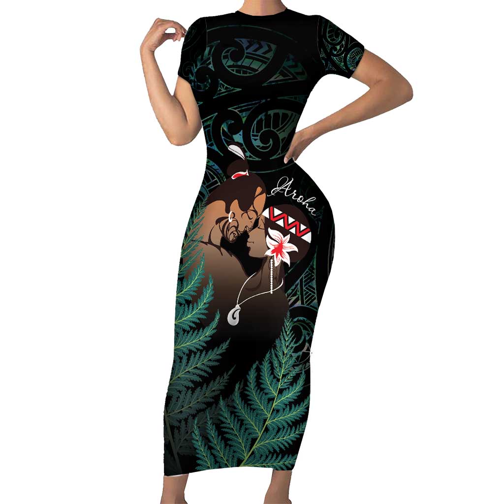 Maori Hongi Valentine Short Sleeve Bodycon Dress Aroha Ahau Ki A Koe LT7 Long Dress Emerald - Polynesian Pride