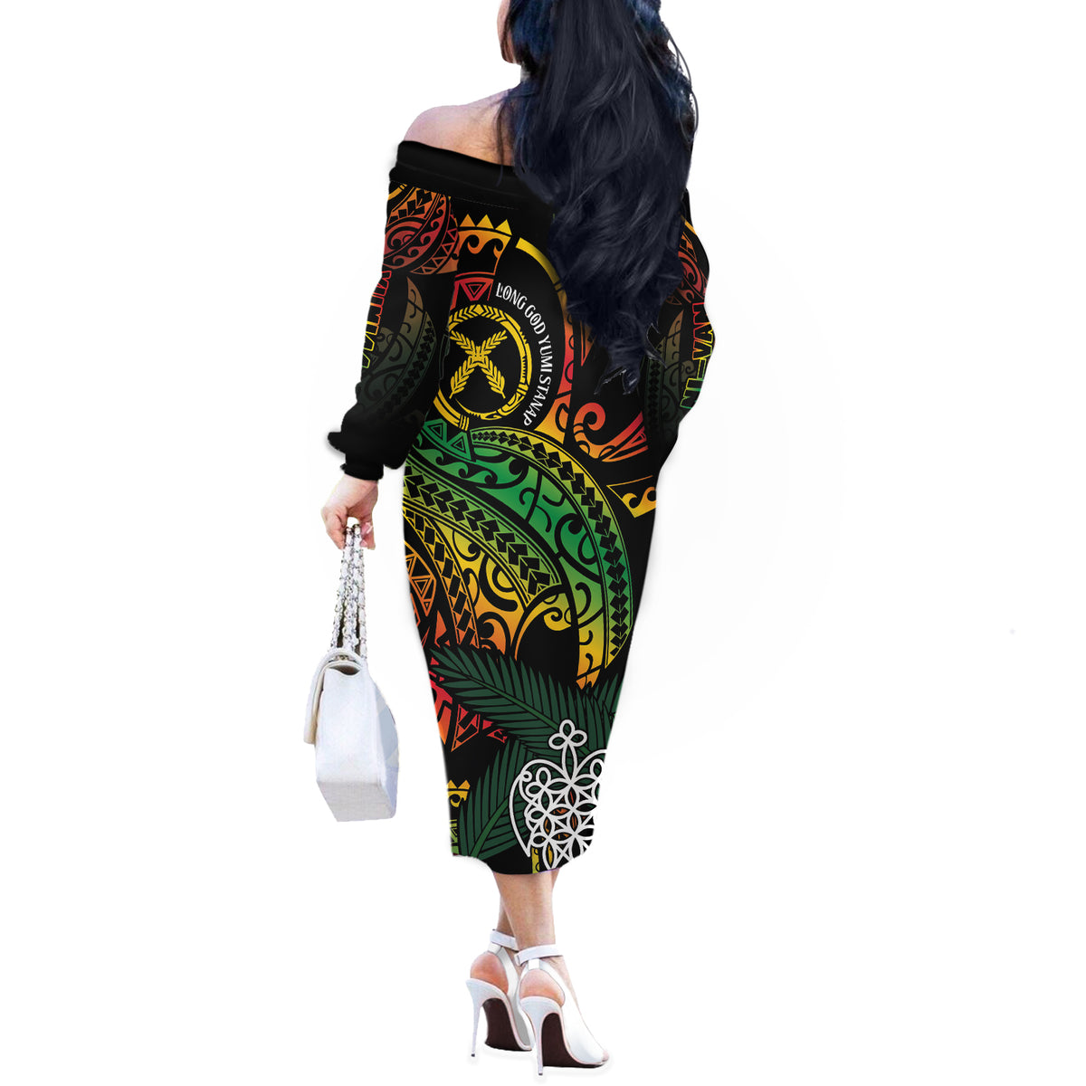 Vanuatu Indipendens Dei Off The Shoulder Long Sleeve Dress Mix Traditional Sand Drawing LT7 - Polynesian Pride