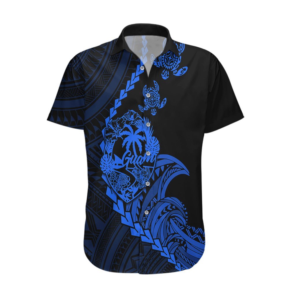 Personalised Guam Hawaiian Shirt Tribal Turtles Curves Style - Blue LT7 Blue - Polynesian Pride