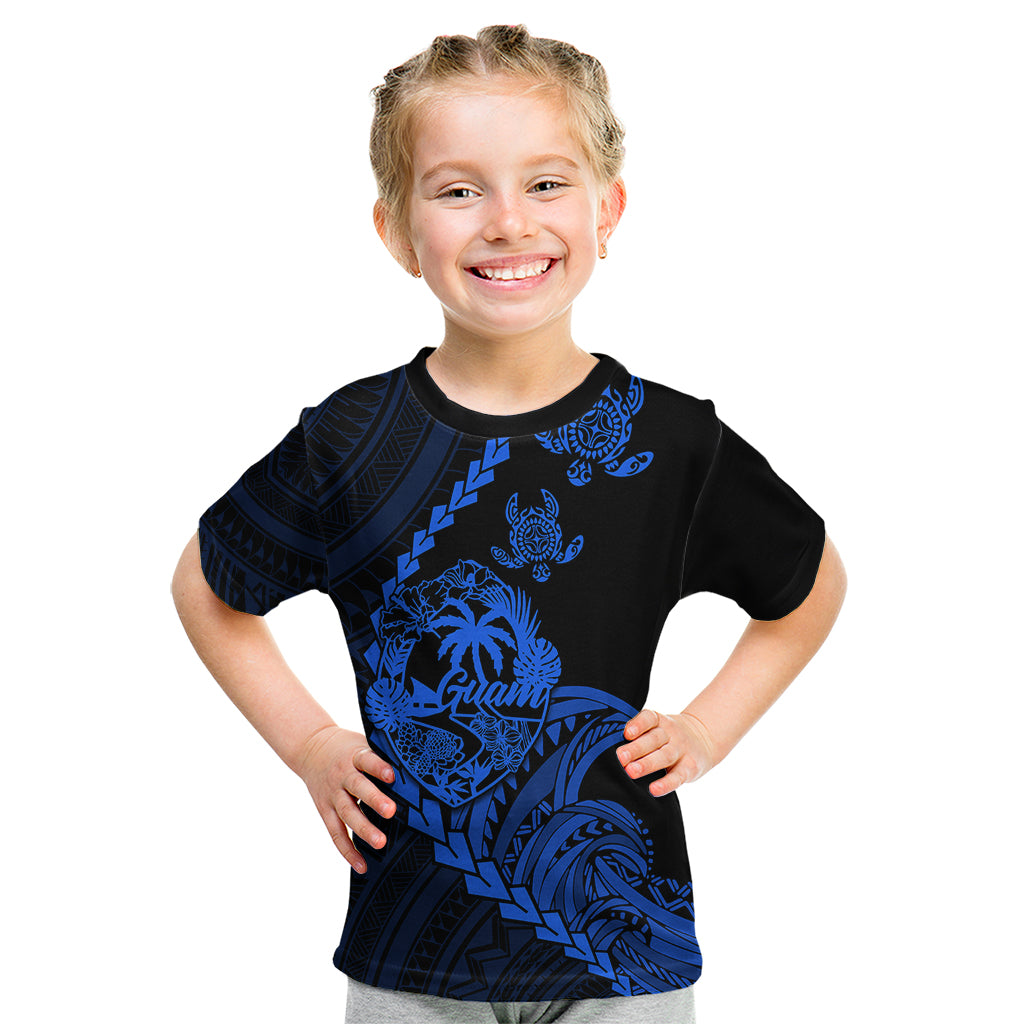 Personalised Guam Kid T Shirt Tribal Turtles Curves Style - Blue LT7 Blue - Polynesian Pride