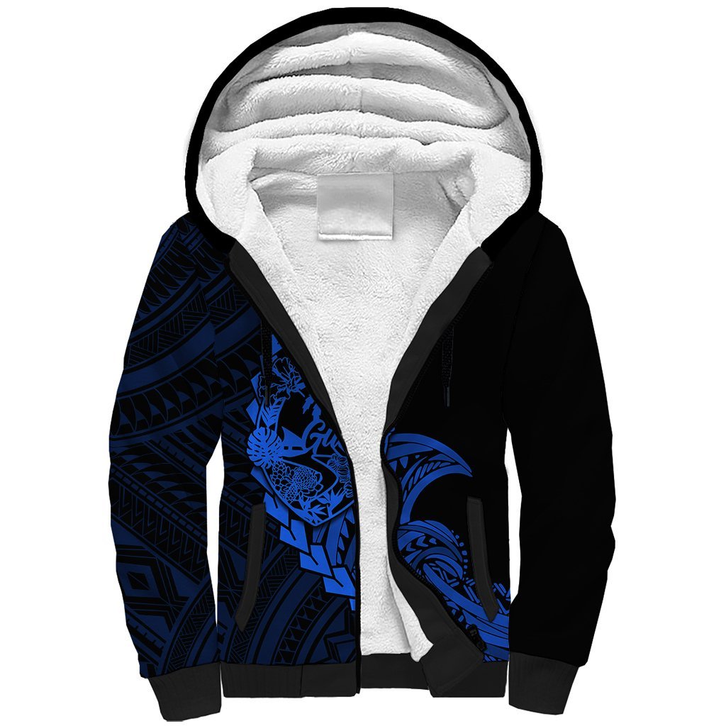 Personalised Guam Sherpa Hoodie Tribal Turtles Curves Style - Blue LT7 Unisex Blue - Polynesian Pride