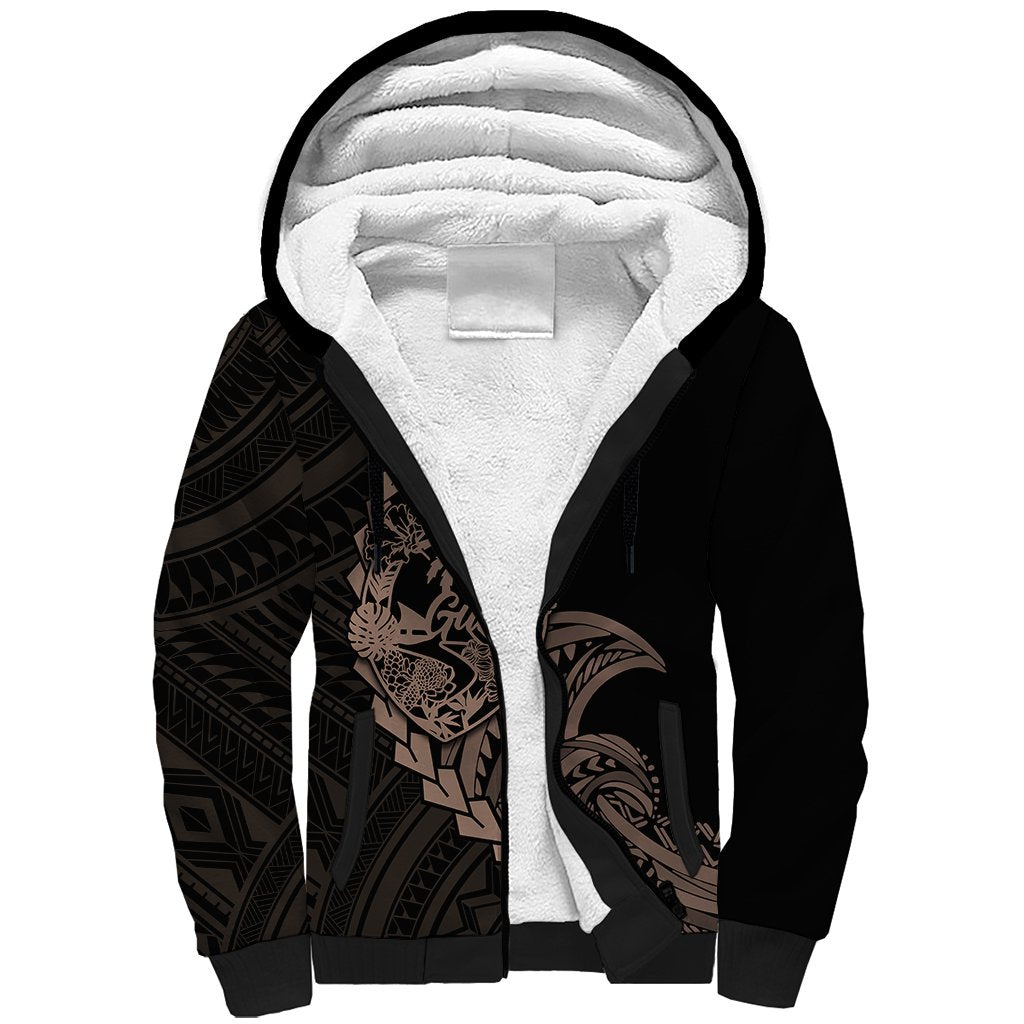 Personalised Guam Sherpa Hoodie Tribal Turtles Curves Style - Brown LT7 Unisex Brown - Polynesian Pride