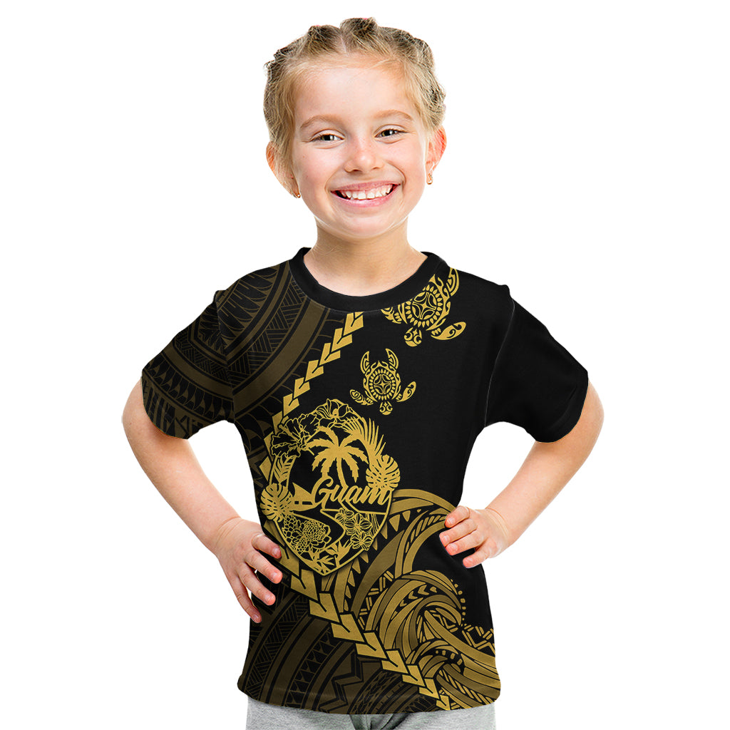 Personalised Guam Kid T Shirt Tribal Turtles Curves Style - Gold LT7 Gold - Polynesian Pride