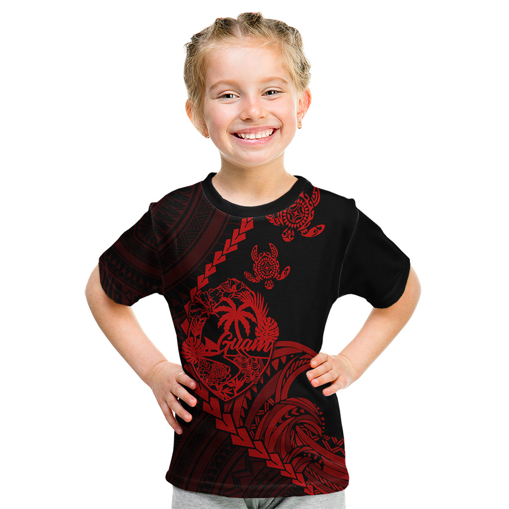 Personalised Guam Kid T Shirt Tribal Turtles Curves Style - Red LT7 Red - Polynesian Pride