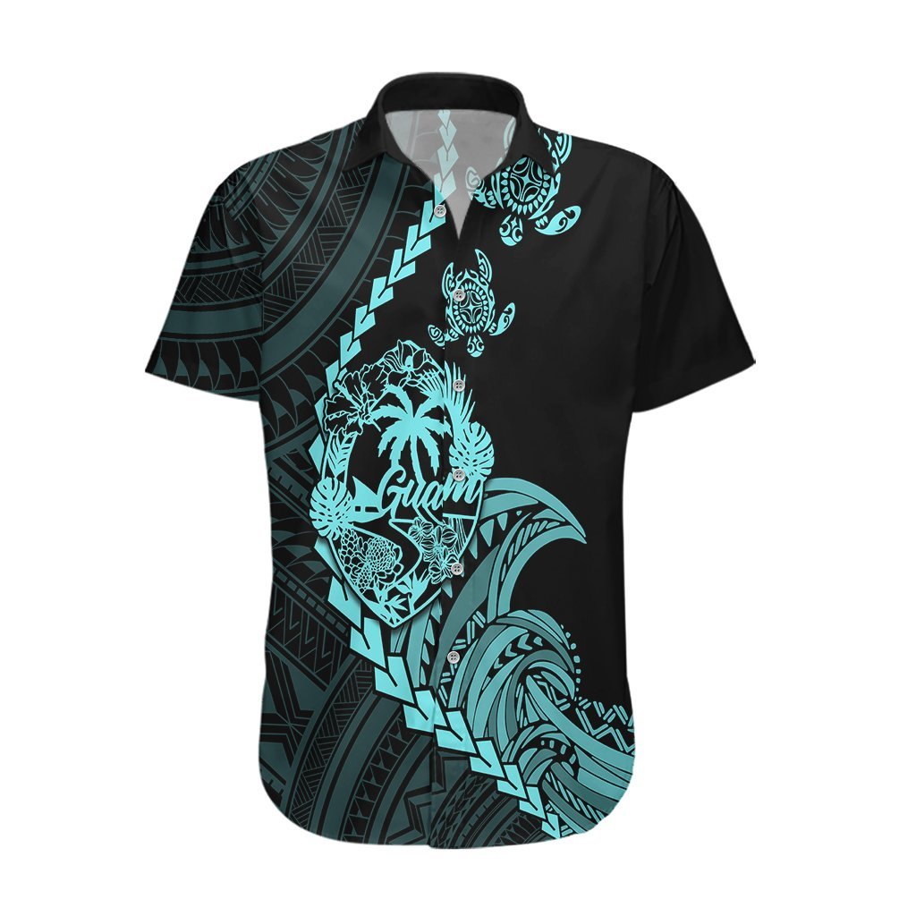Personalised Guam Hawaiian Shirt Tribal Turtles Curves Style - Turquoise LT7 Turquoise - Polynesian Pride