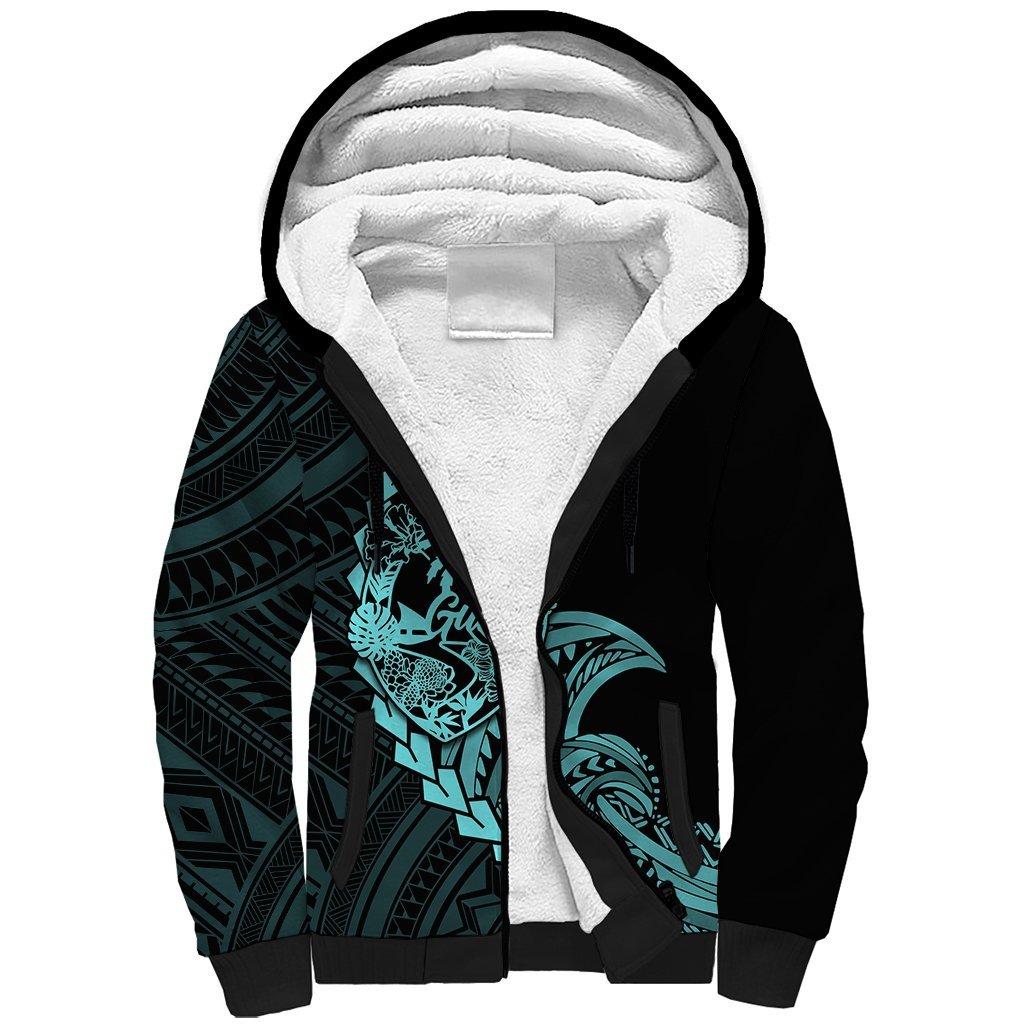 Personalised Guam Sherpa Hoodie Tribal Turtles Curves Style - Turquoise LT7 Unisex Turquoise - Polynesian Pride