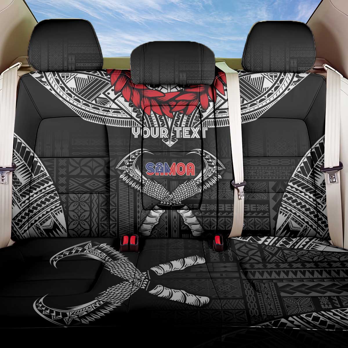 Personalized Talofa Samoa Back Car Seat Cover Ulafala With Toa Nifo'oti - Black LT7 One Size Black - Polynesian Pride