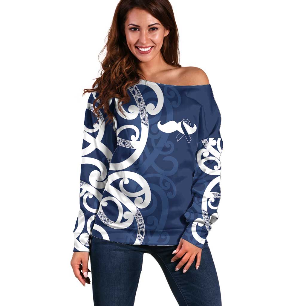New Zealand Maori Mo Bros Off Shoulder Sweater Blue Ribbon With Koru Kowhaiwhai LT7 Women Blue - Polynesian Pride