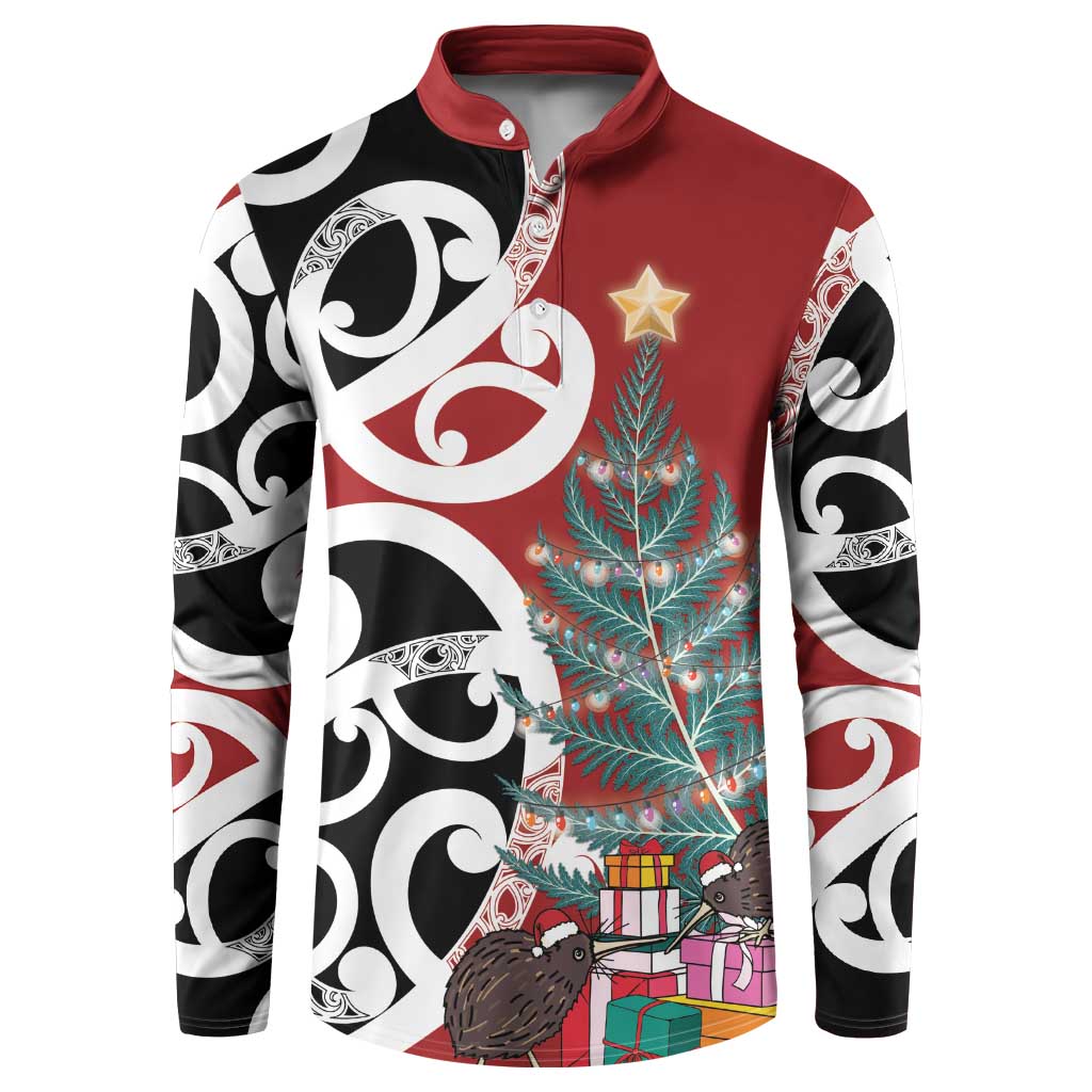 New Zealand Silver Fern Christmas Tree Button Sweatshirt Meri Kirihimete LT7 Red - Polynesian Pride