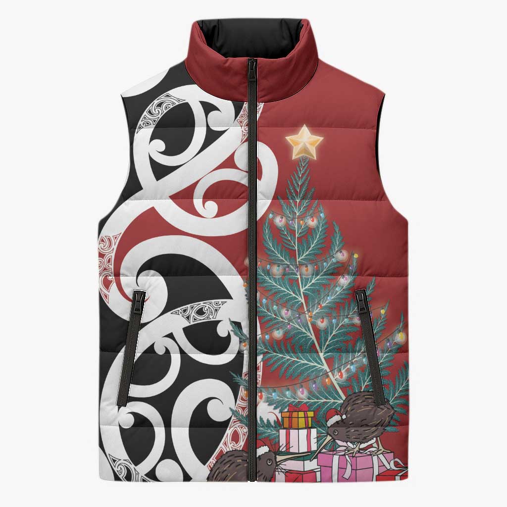 New Zealand Silver Fern Christmas Tree Sleeveless Puffer Jacket Meri Kirihimete LT7 Unisex Red - Polynesian Pride