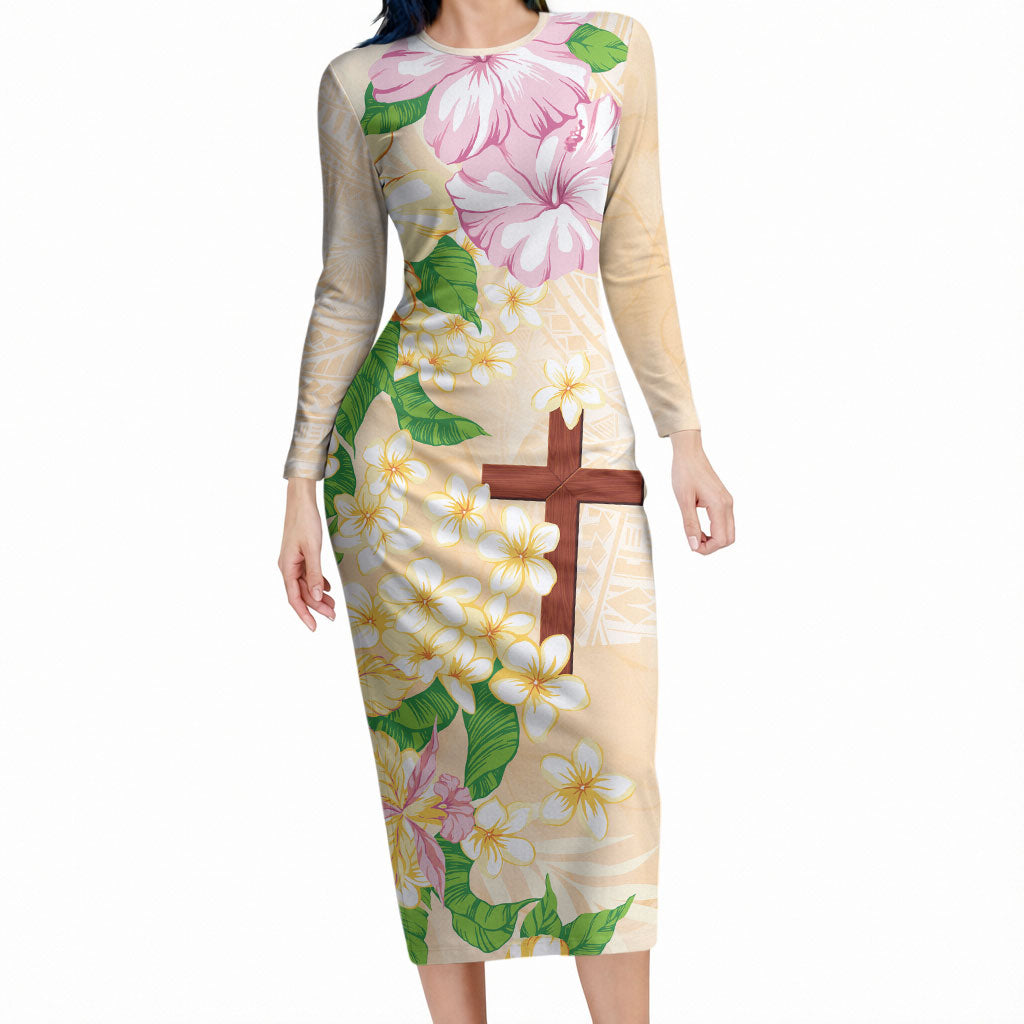 Samoa AIGA Floral Theme Long Sleeve Bodycon Dress Always In God's Arms LT7 Long Dress Multicolor - Polynesian Pride