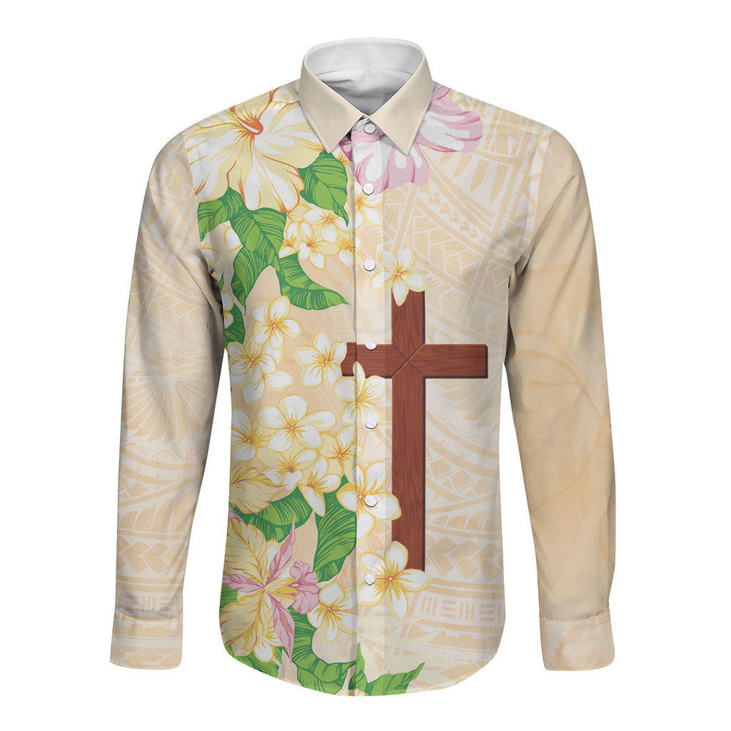 Samoa AIGA Floral Theme Long Sleeve Button Shirt Always In God's Arms