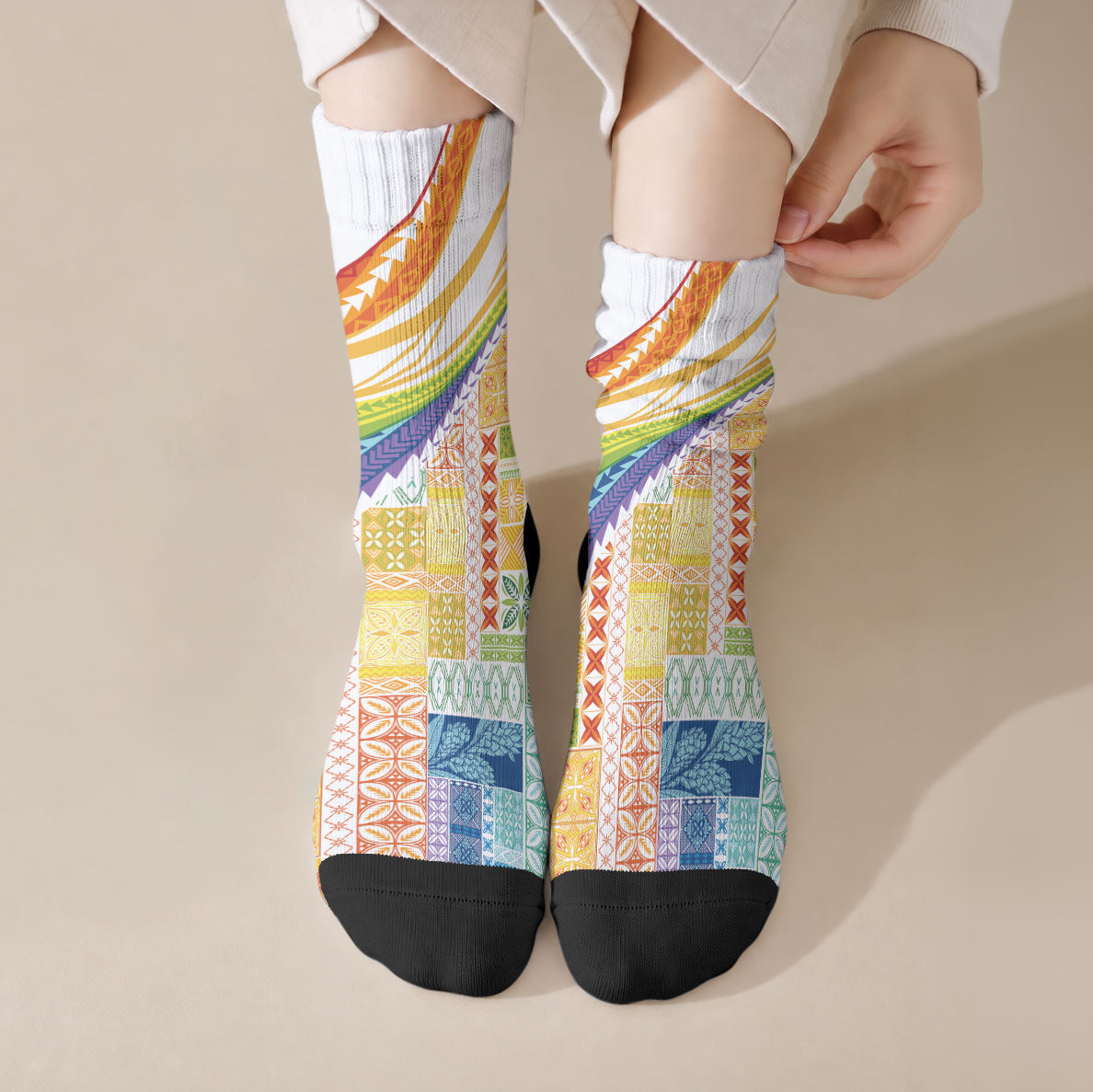Pasifika Samoa Siapo Malu Tattoo Inspired Crew Socks Fa'afafine Rainbow Theme LT7 Crew Socks Multicolor - Polynesian Pride