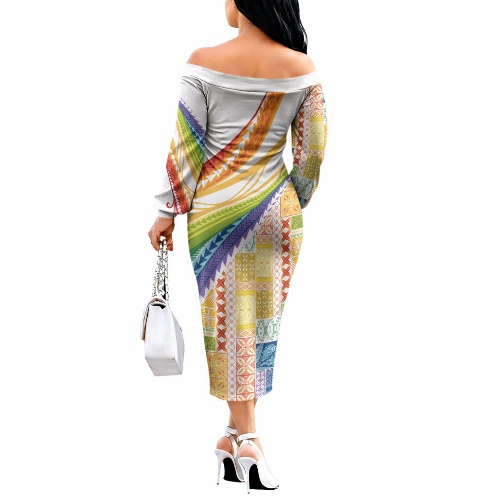 Pasifika Samoa Siapo Malu Tattoo Inspired Off The Shoulder Long Sleeve Dress Fa'afafine Rainbow Theme LT7 - Polynesian Pride