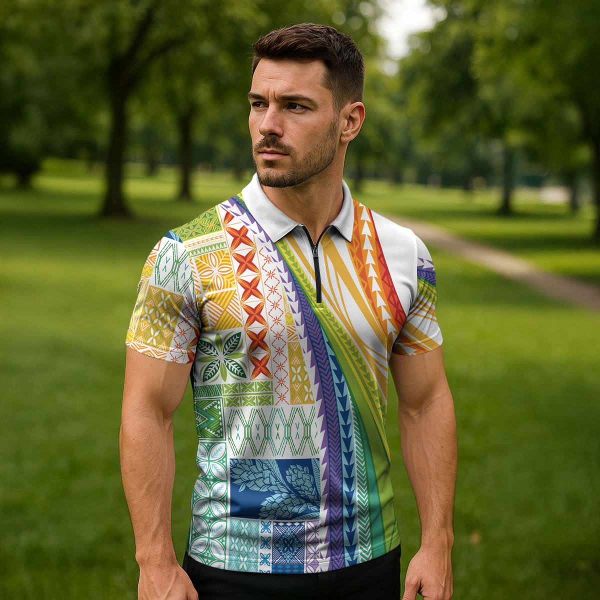 Pasifika Samoa Siapo Malu Tattoo Inspired Zipper Polo Shirt Fa'afafine Rainbow Theme LT7 - Polynesian Pride