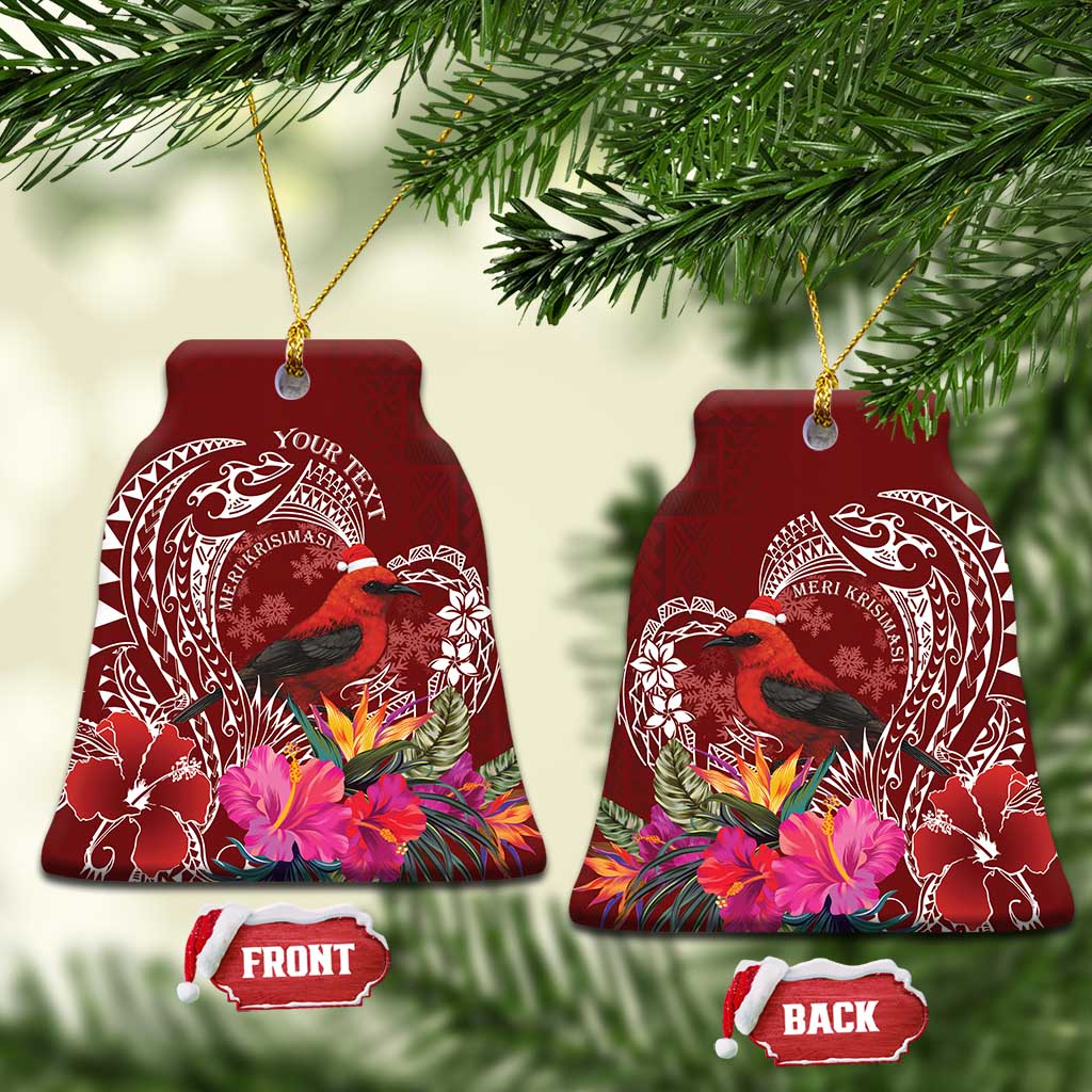 Personalized Samoa Meri Krisimasi Ceramic Ornament Segasegamau'u Mix Siapo LT7 Bell Flake Red - Polynesian Pride