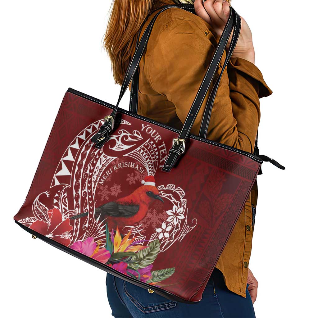 Personalized Samoa Meri Krisimasi Leather Tote Bag Segasegamau'u Mix Siapo LT7 - Polynesian Pride