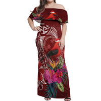Personalized Samoa Meri Krisimasi Off Shoulder Maxi Dress Segasegamau'u Mix Siapo LT7 Women Red - Polynesian Pride